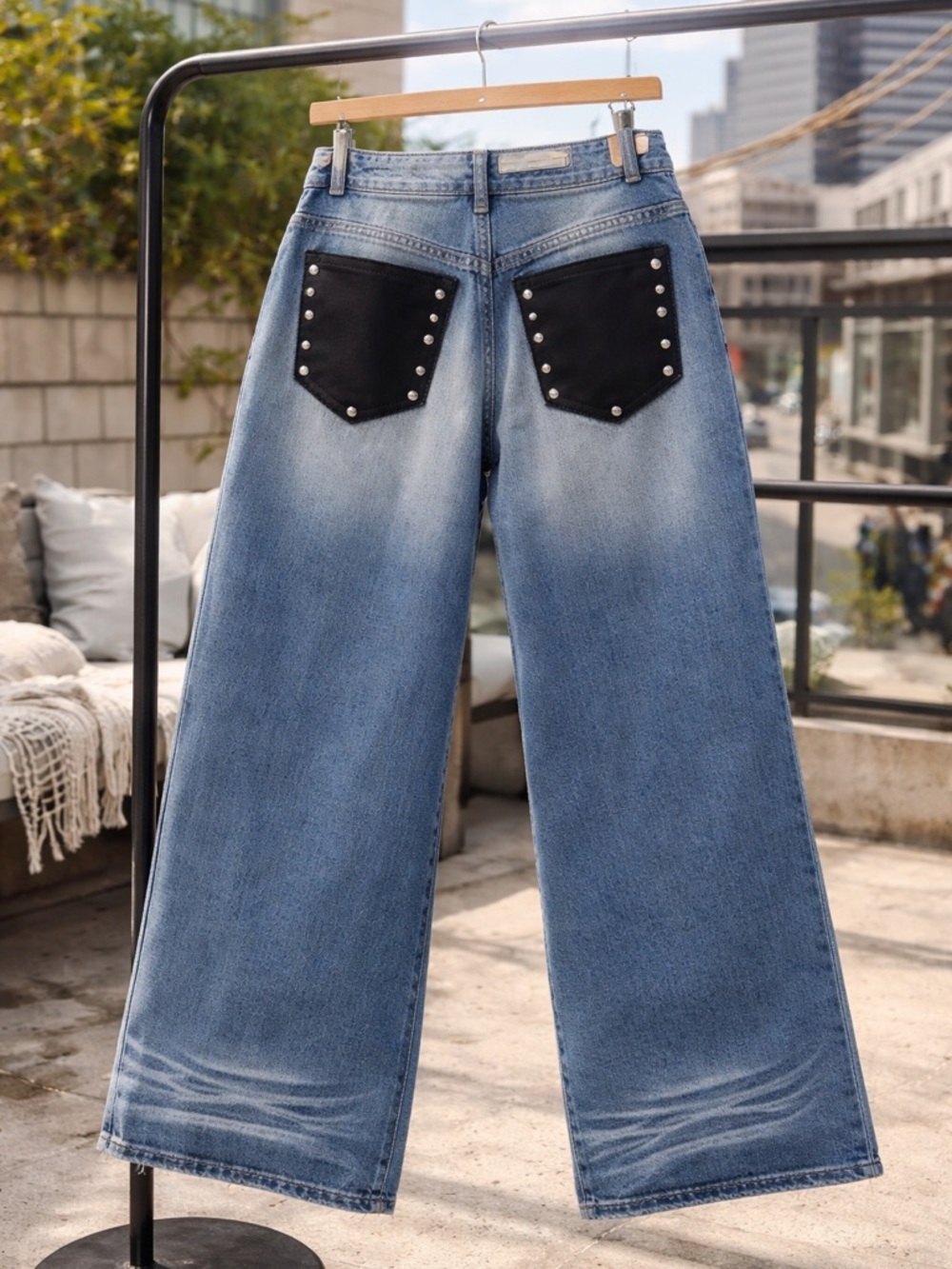 Edikted XS Wide Leg Jeans Black Pocket Rivet Detail Y2K Baggy
